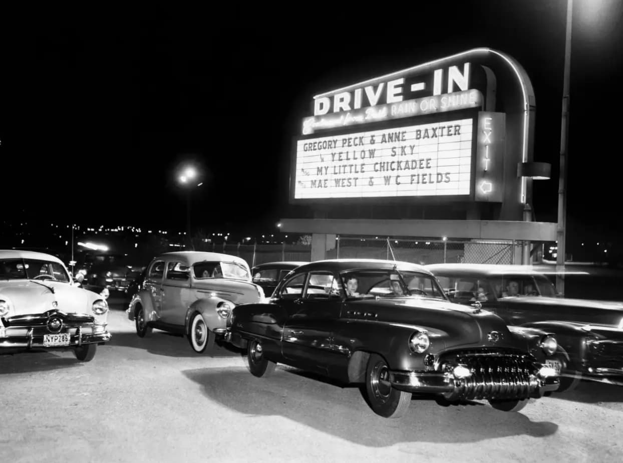 drive in movie theater 1950s - NYP285 Exit DriveIn Brand Bull Rain Or Shine Gregory Peck & Anne Baxter Yellow Sky My Little Chickadee Mae West & Wc Fields